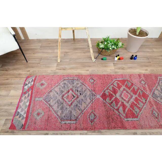 1970s Turkish Oushak Handmade Wool Cotton Pink Area Rug 86x276