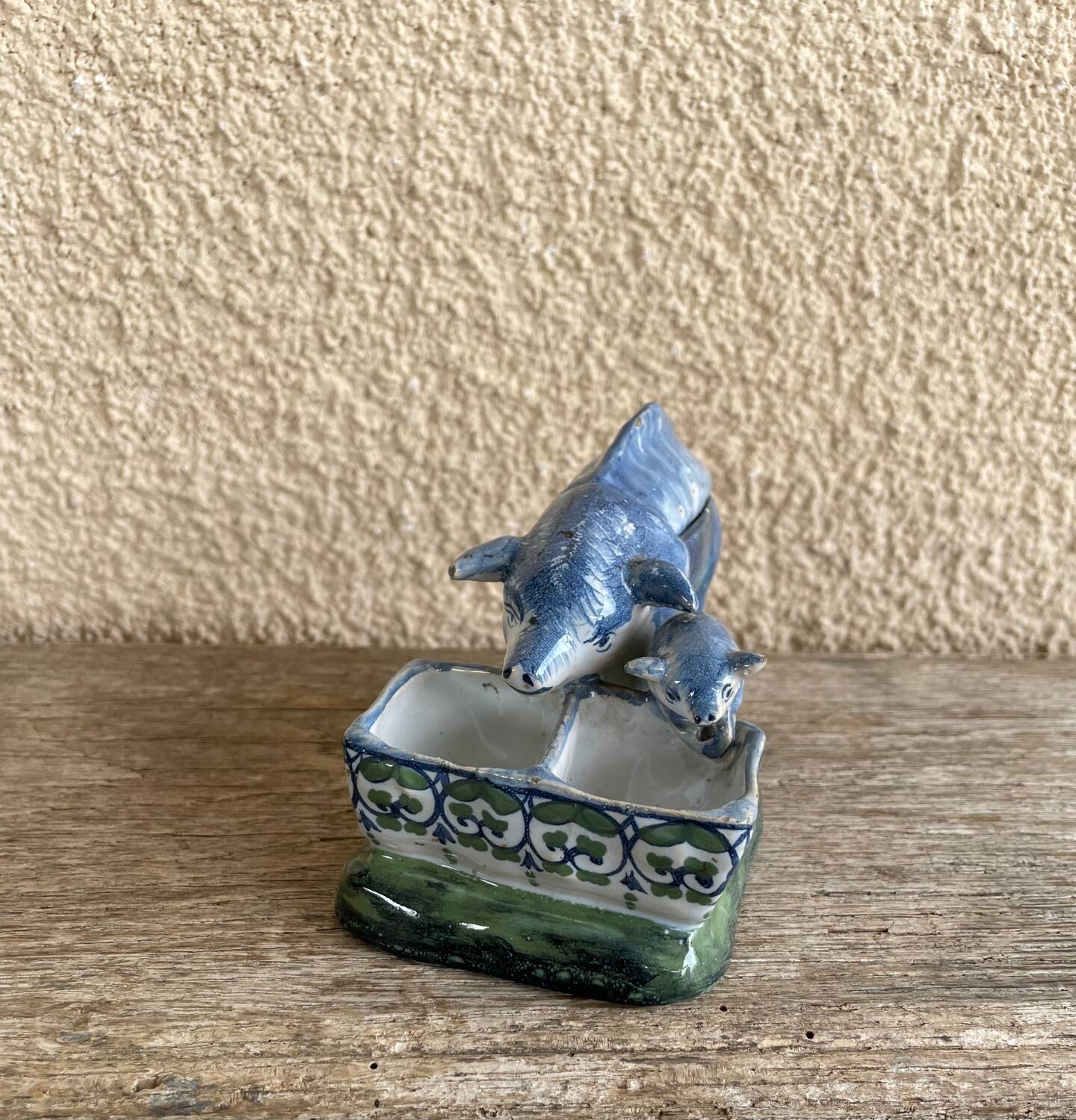 Salt cellar and mustard pot in French faience by A Clement.