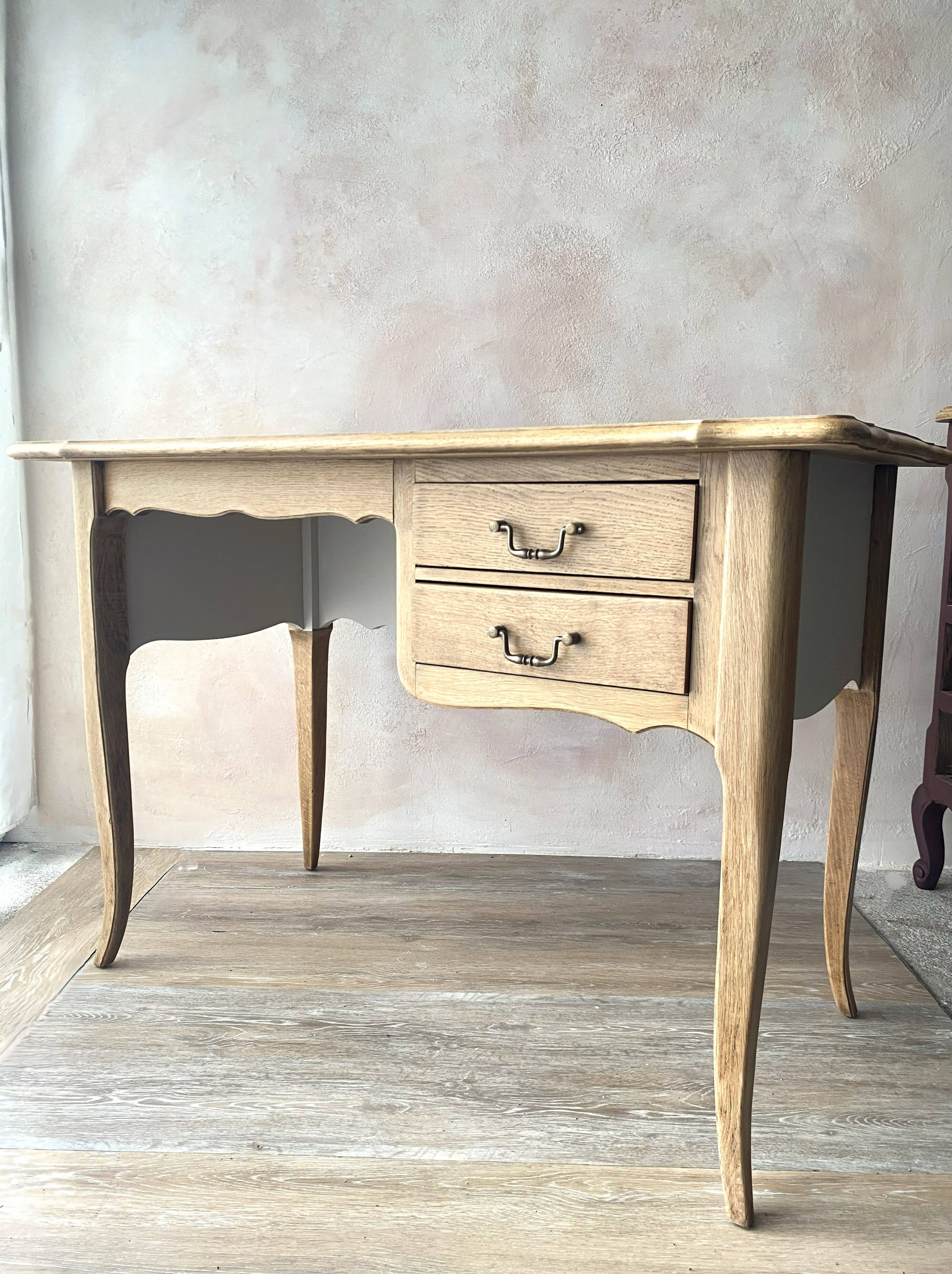 Antique 2-drawer desk in raw wood and beige, renovated.