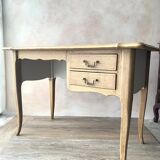 Antique 2-drawer desk in raw wood and beige, renovated.
