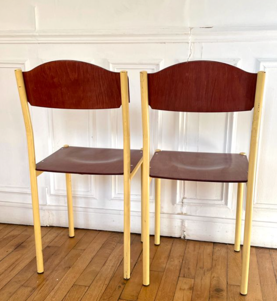 Pair of vintage industrial chair metal & wood, 1980