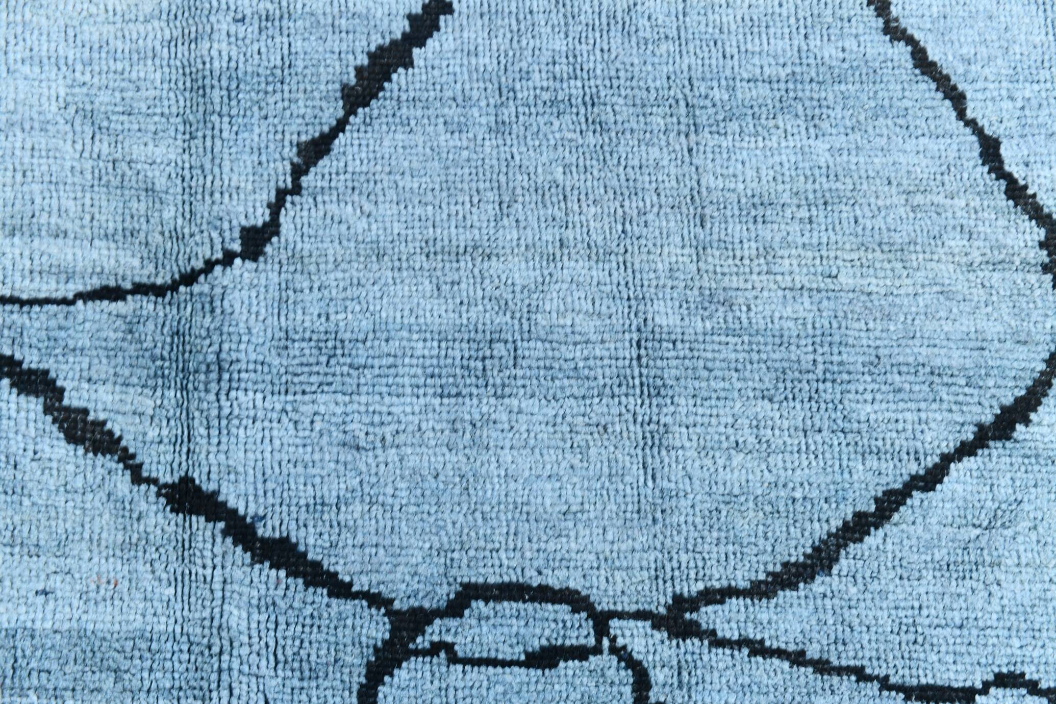 Sky Blue Wool Rug, Modern Handmade Designer Vintage Carpet, 213x281 Cm