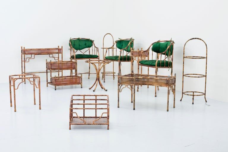 Set of 9 planters and small tables in faux bamboo with glass top, France, 1970s