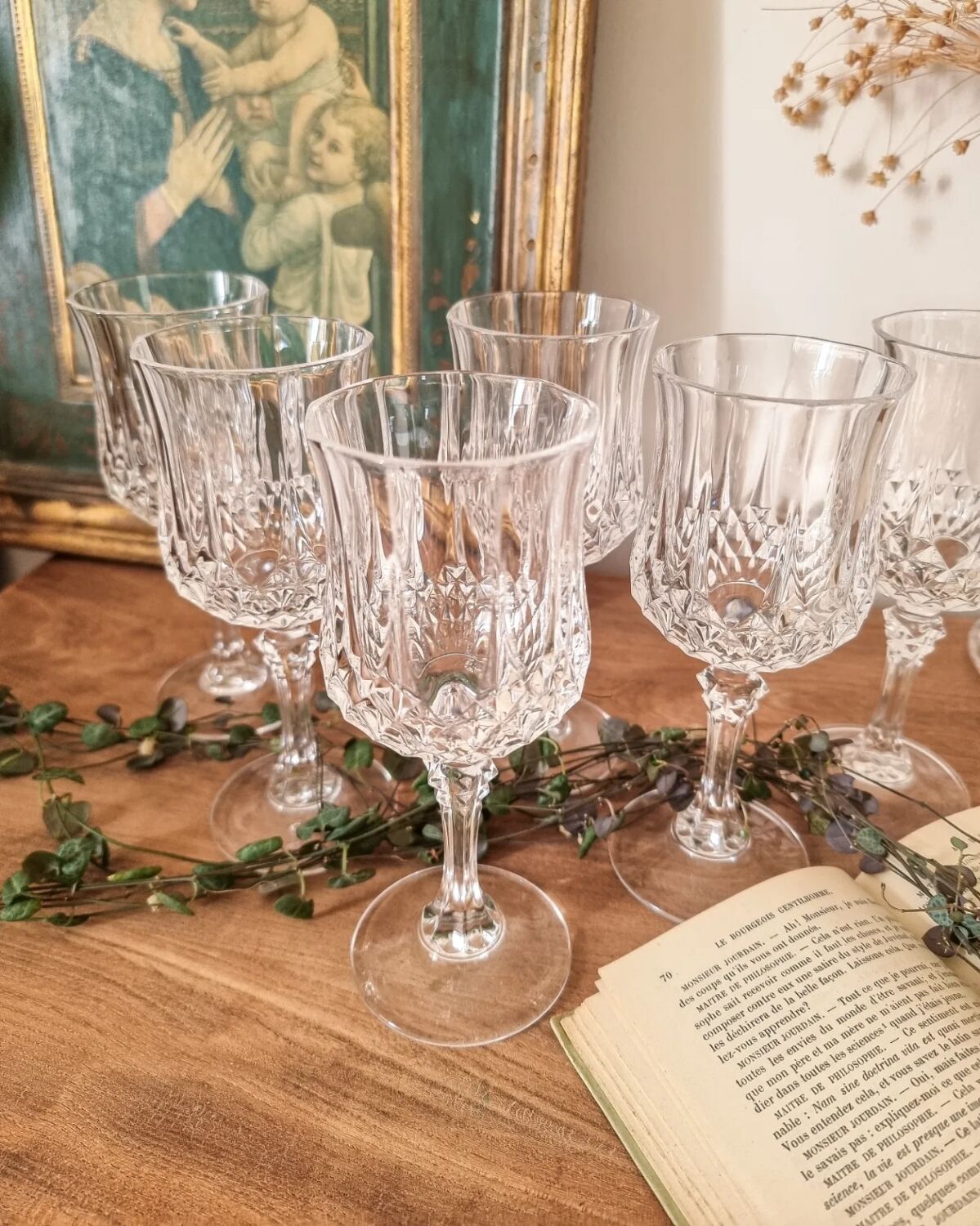 6 diamond-point stemmed glasses, Arques crystal, Longchamp