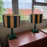 Pair of wooden bedside lamps with striped lampshades