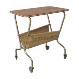 Mid-century teak and brass mobile side table with magazine holder, 1960s