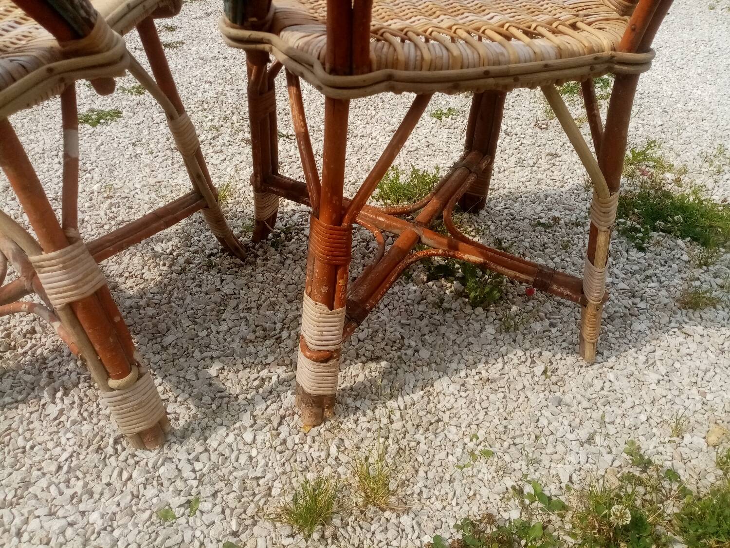 Pair of art deco garden chairs in patinated woven wicker