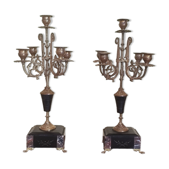 Paire de candélabres 5 feux anciens en laiton, bronze et marbre