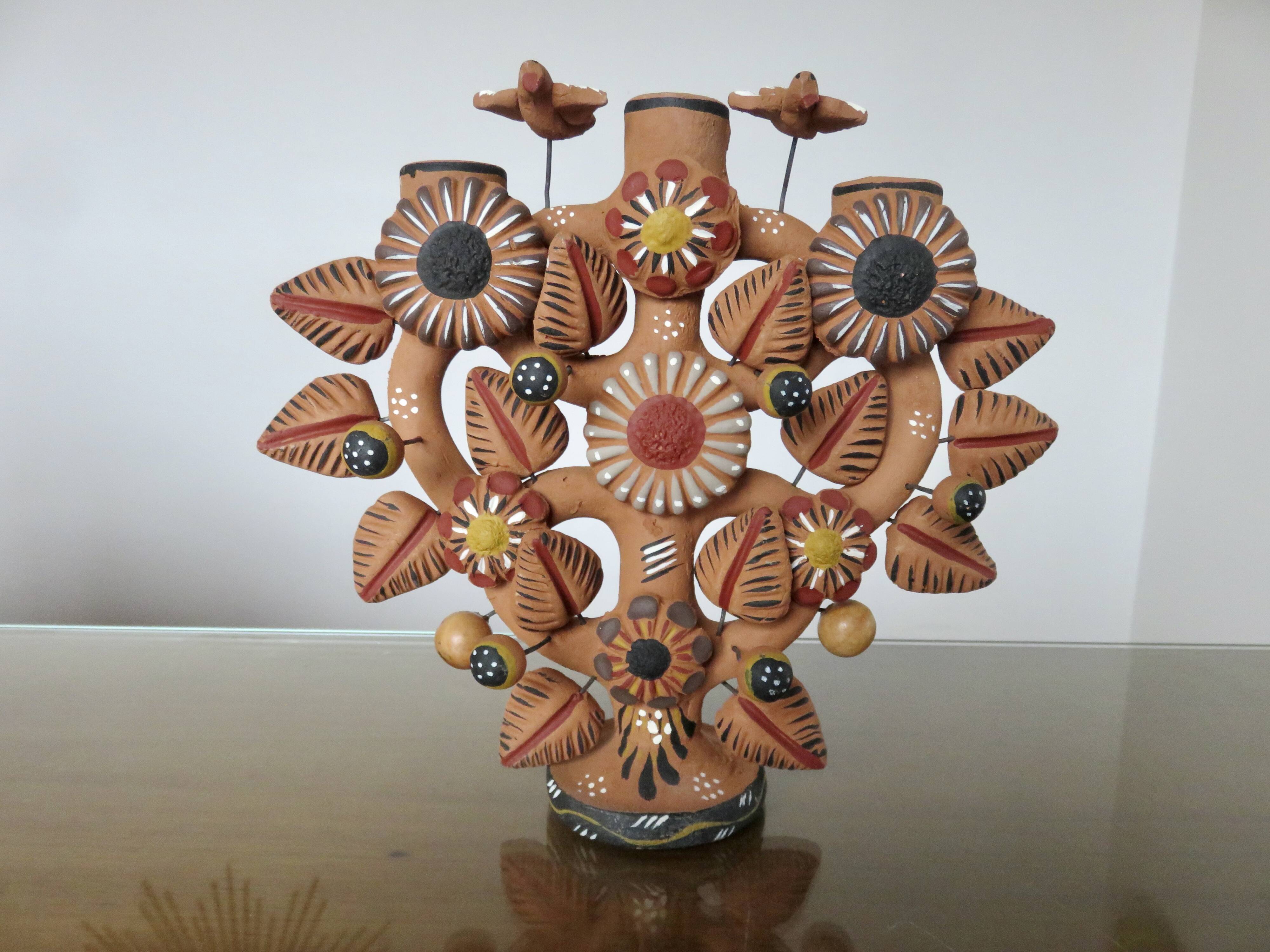 Chandelier, Mexican candlestick "tree of life" terracotta, 1970