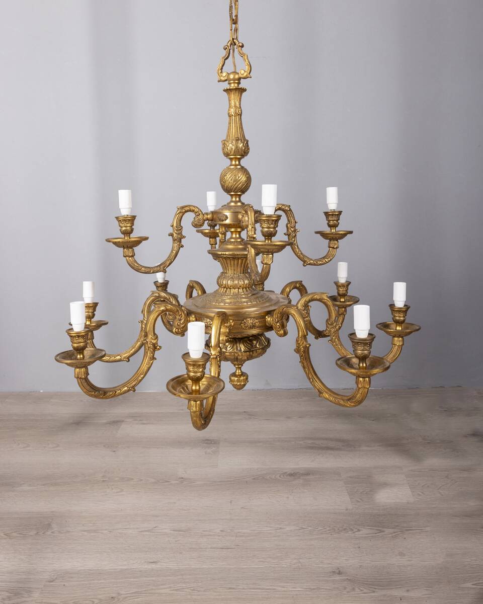 Classic 12 light golden bronze chandelier from the mid-20th century