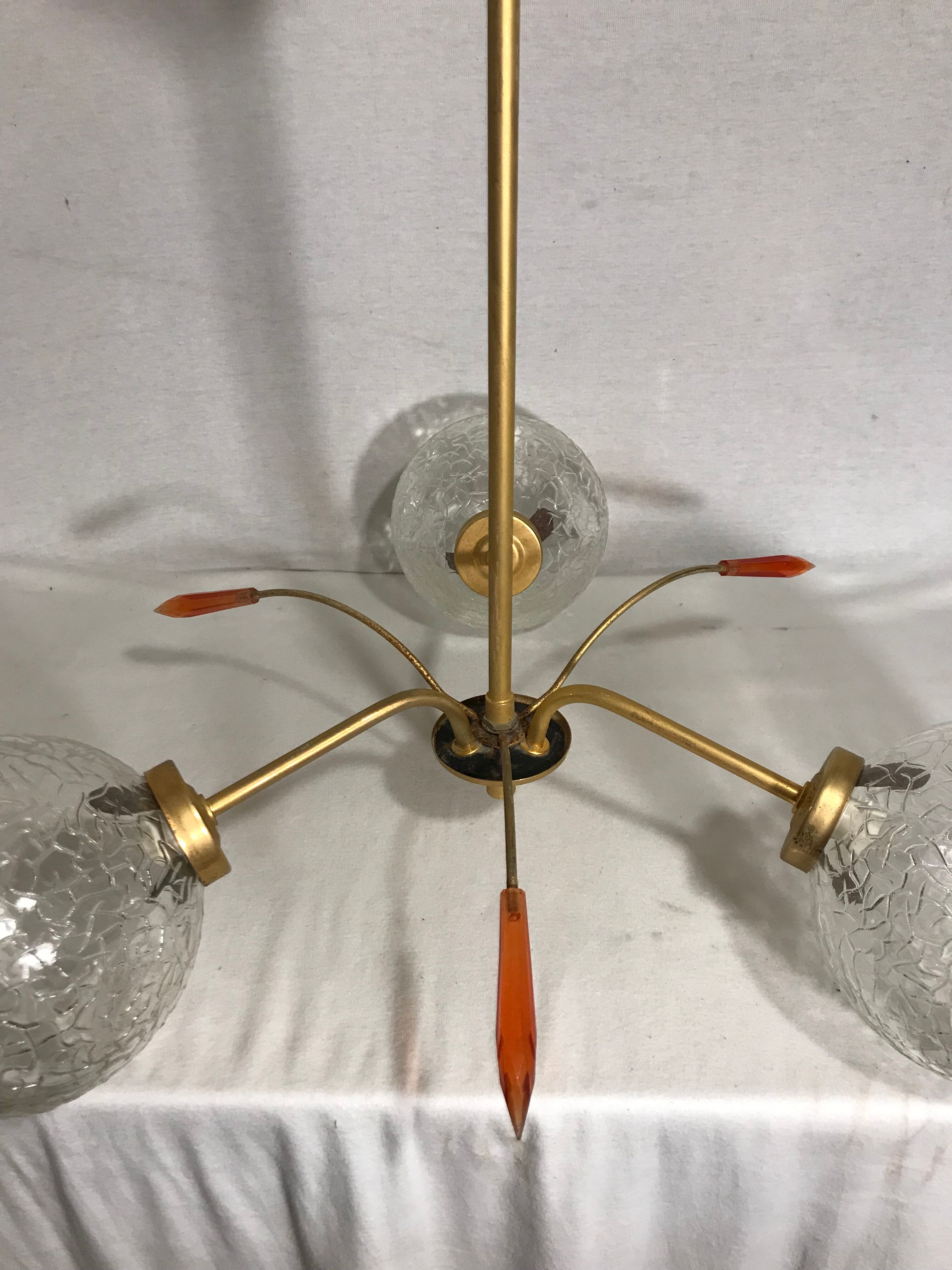Vintage 70s brass and glass chandelier