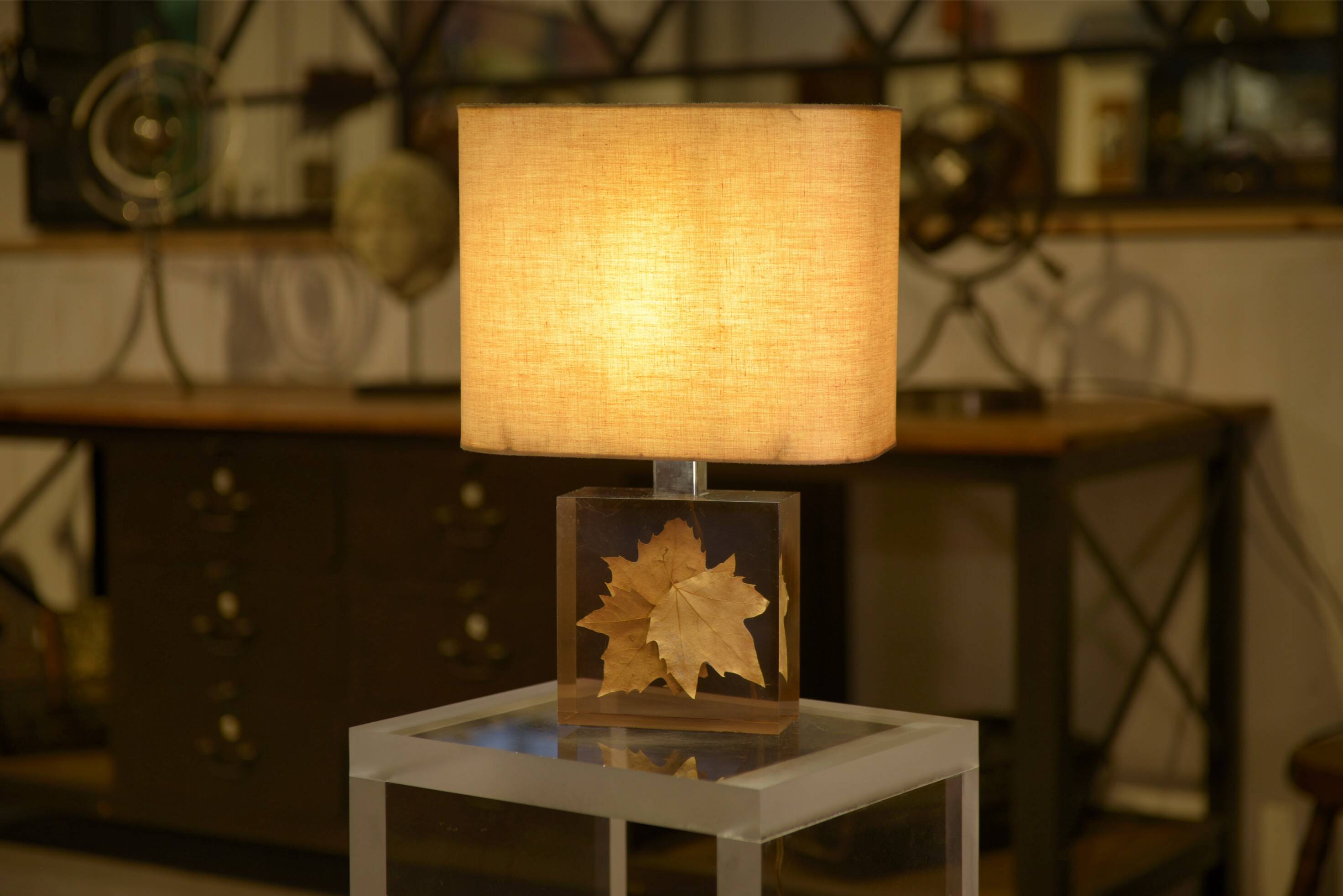 Lamp with plane tree leaf inclusion by Pierre Giraudon 1970s