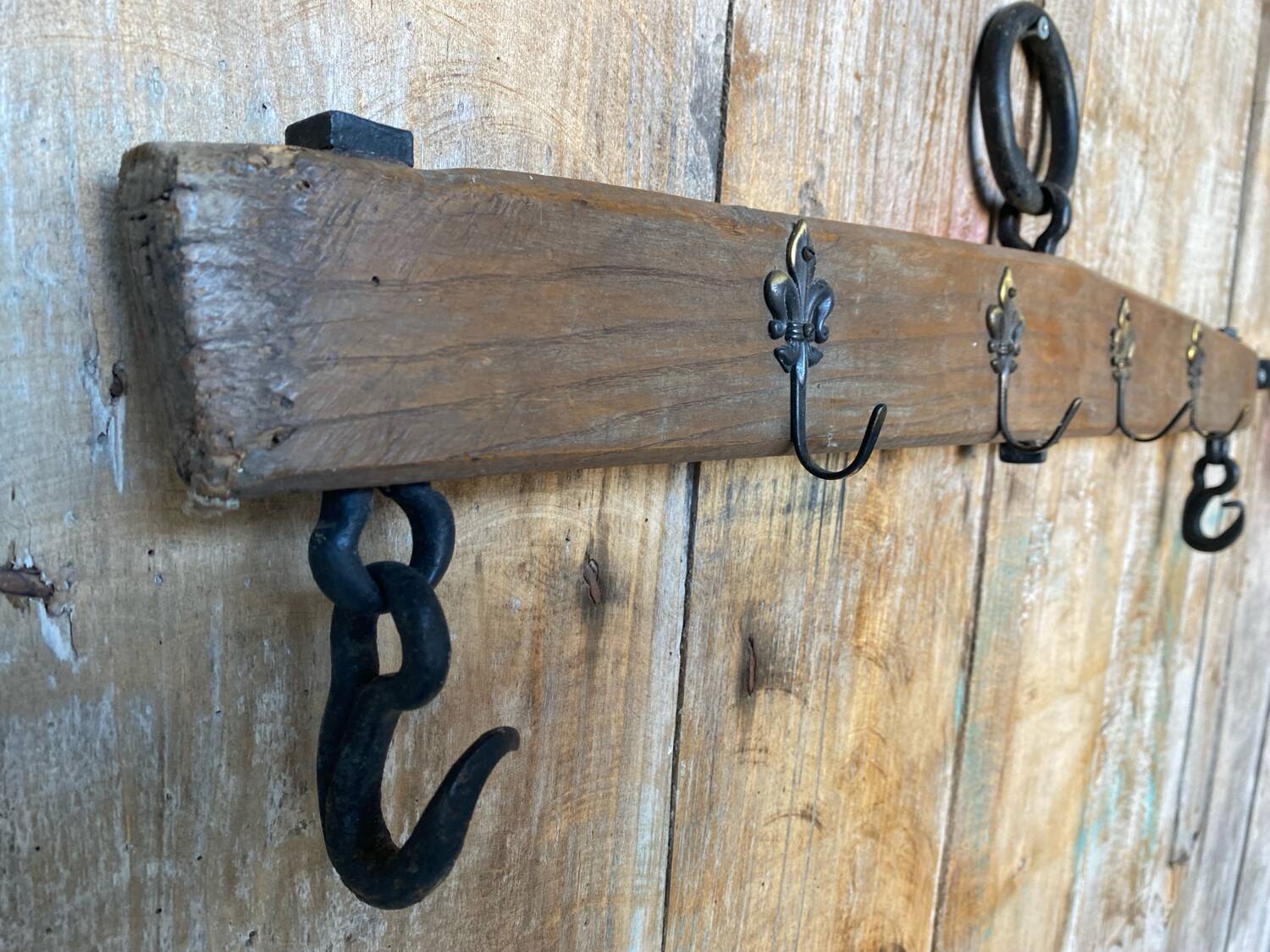 Ancien porte manteau mural palonnier attelage cheval bois + patères métal