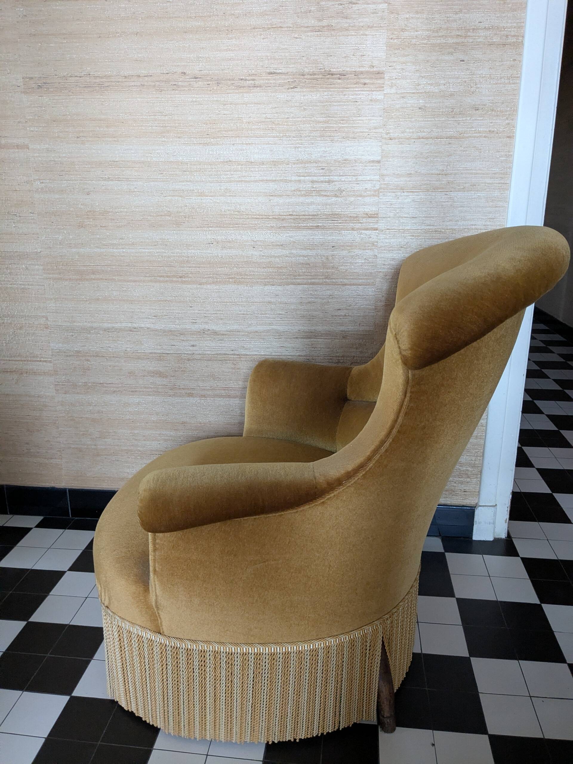 Caramel-coloured wool velvet armchair.
