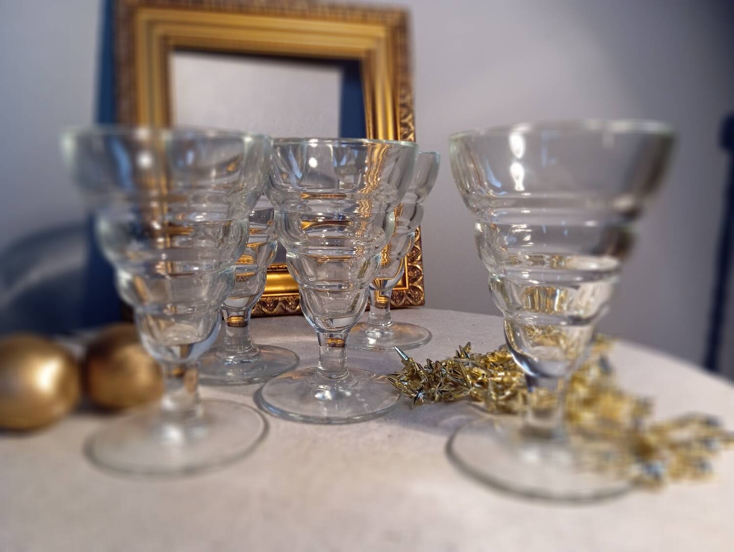 5 old absinthe glasses, thick molded glass, art deco