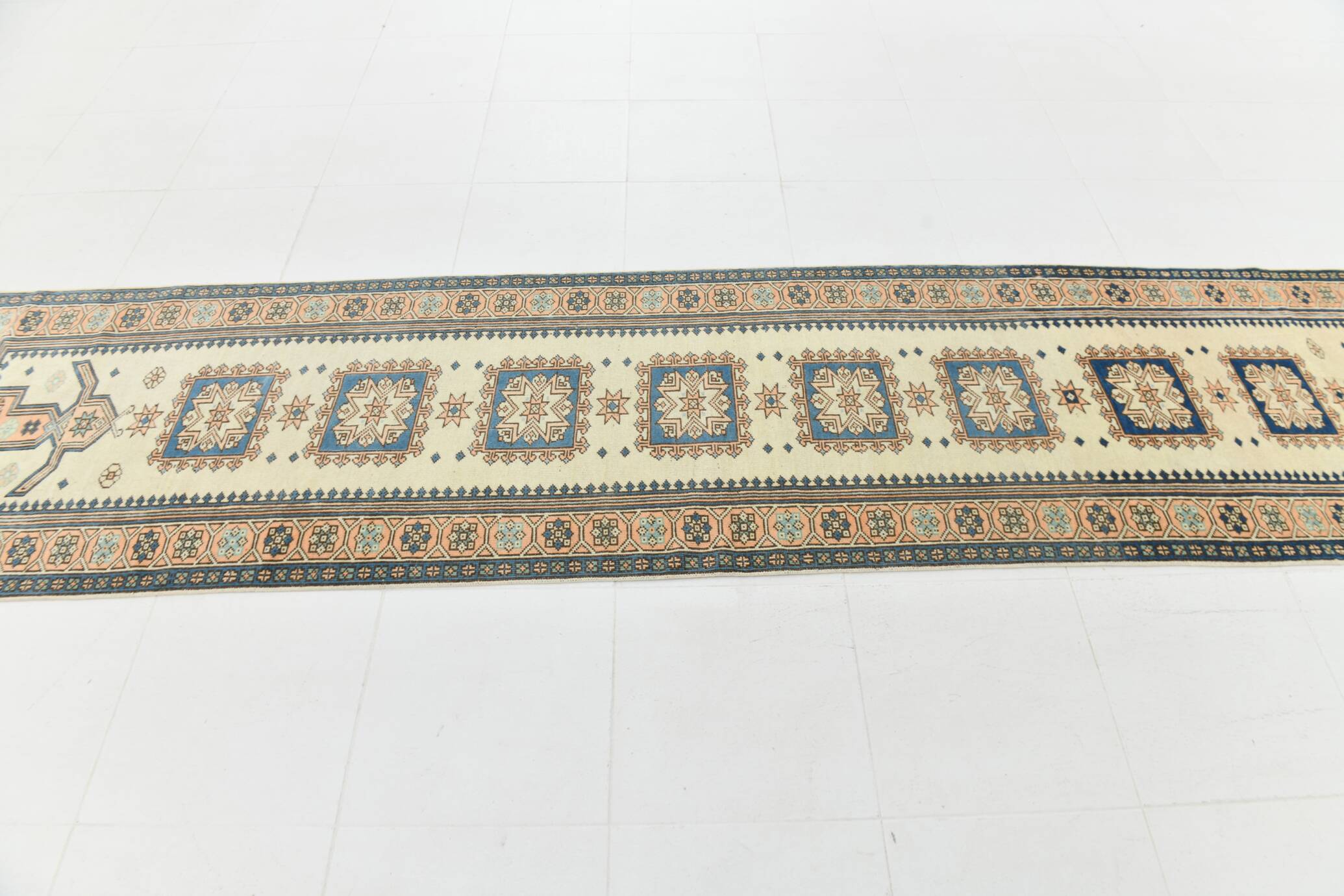 2x11 shades of cream blue oushak runner rug