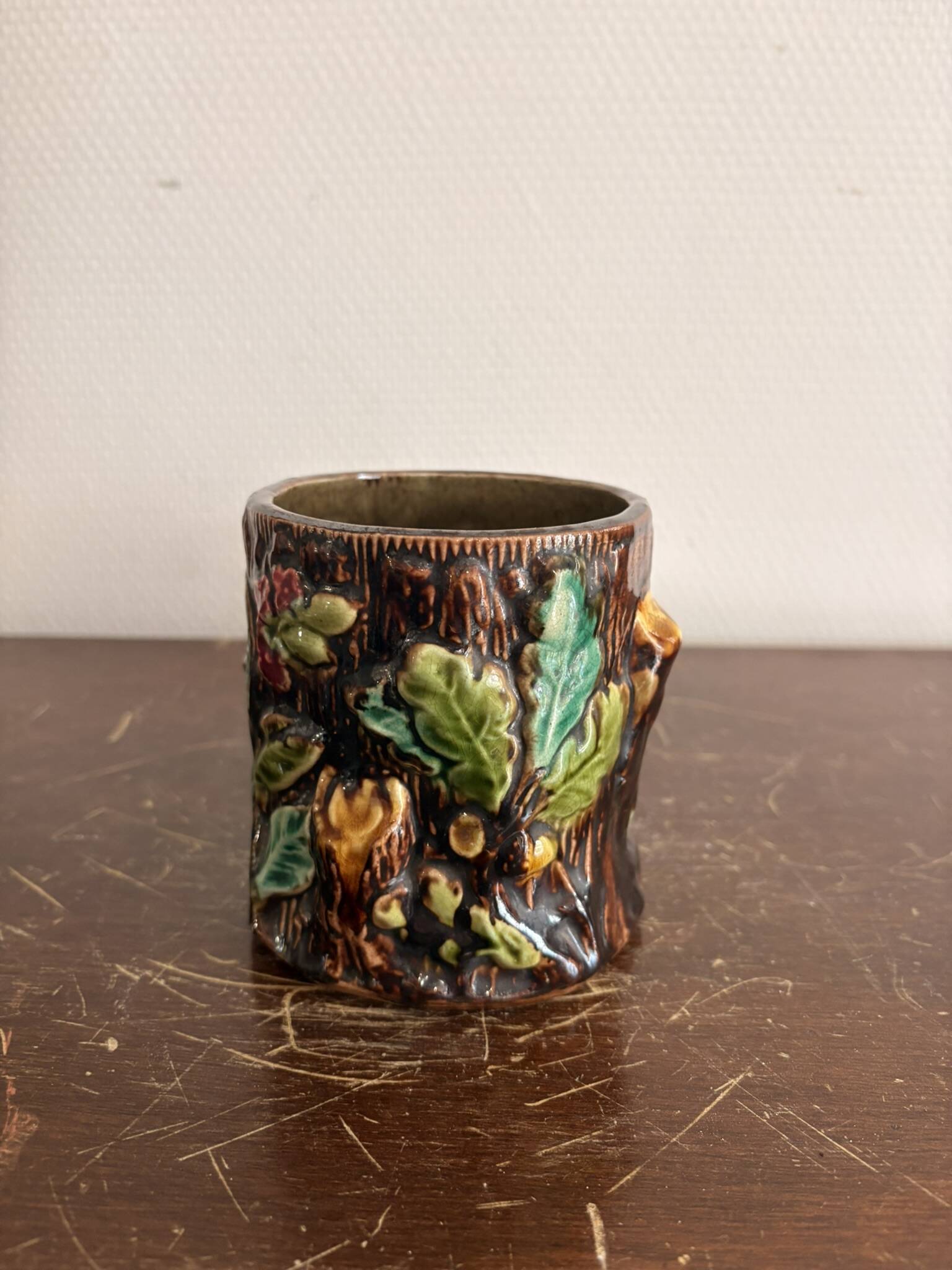Ancien Pot Vase Porte Pinceaux Barbotine Tronc Feuilles Baies Naturaliste