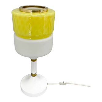 1970's Tall Yellow & White Glass Table Lamp with Brass Details by Drukov, Marked