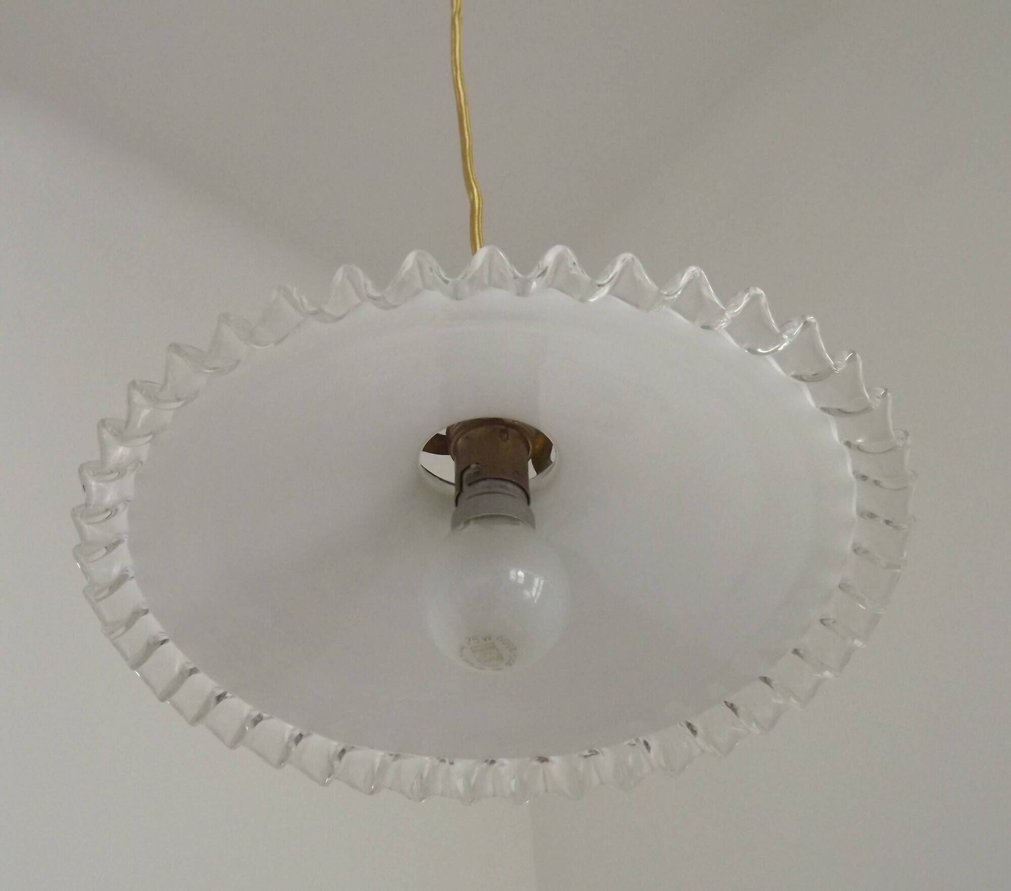 Vintage French White Opaline Glass Pendant Light Clear Glass Edge 5405