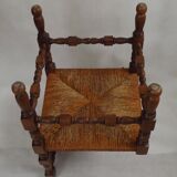 Antique French Turned Wooden Bobbin Chair with Rush Seat