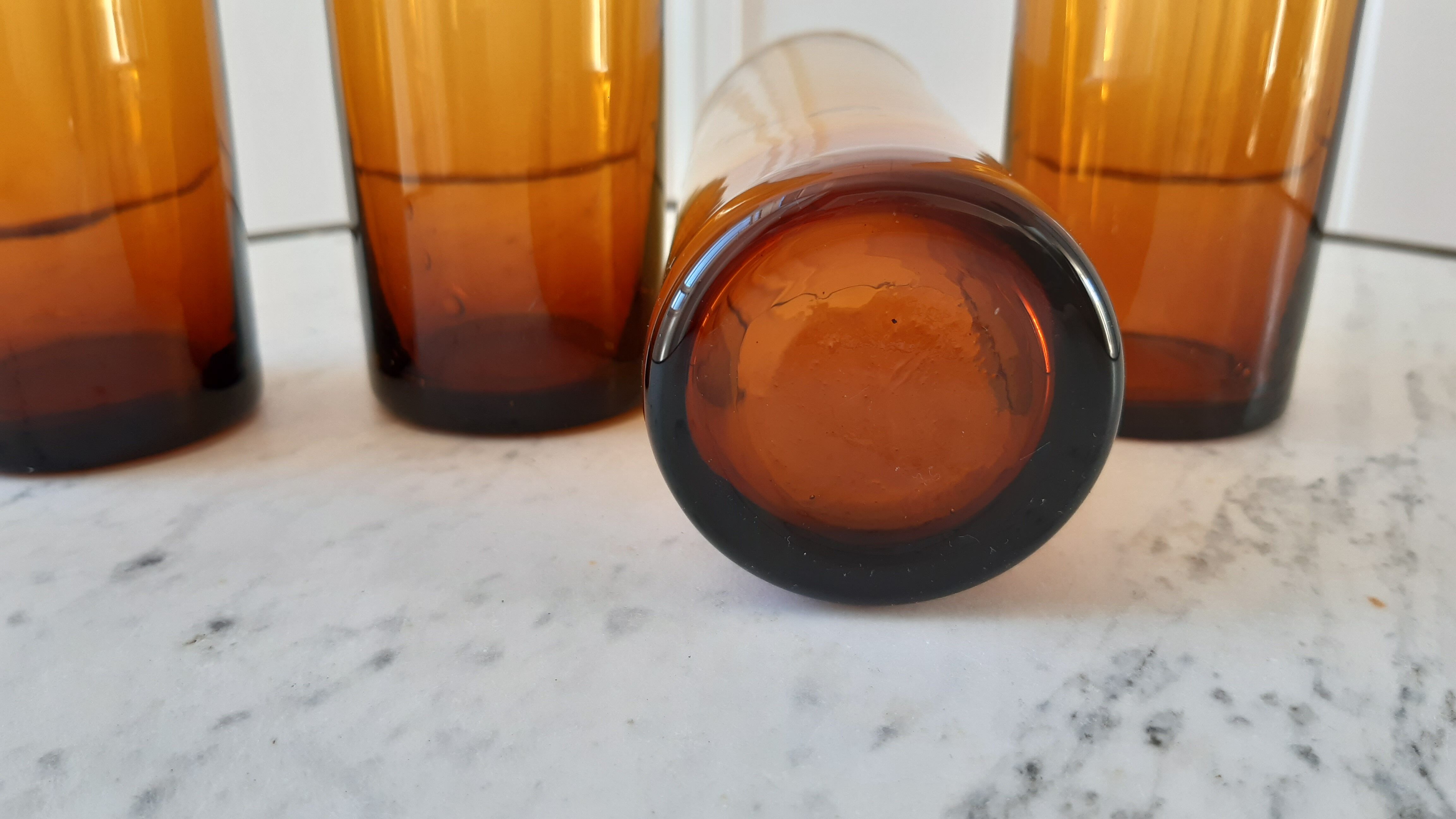 Set of 4 amber glass glasses with thick bottoms 70s
