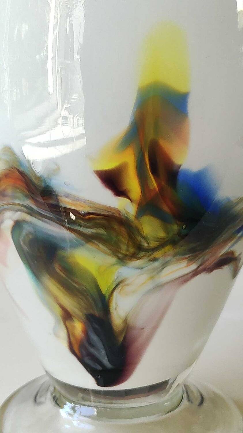 Flamed vase/volutes in white opaline/polychrome Art Glass. Murano style. High 23.5 cm