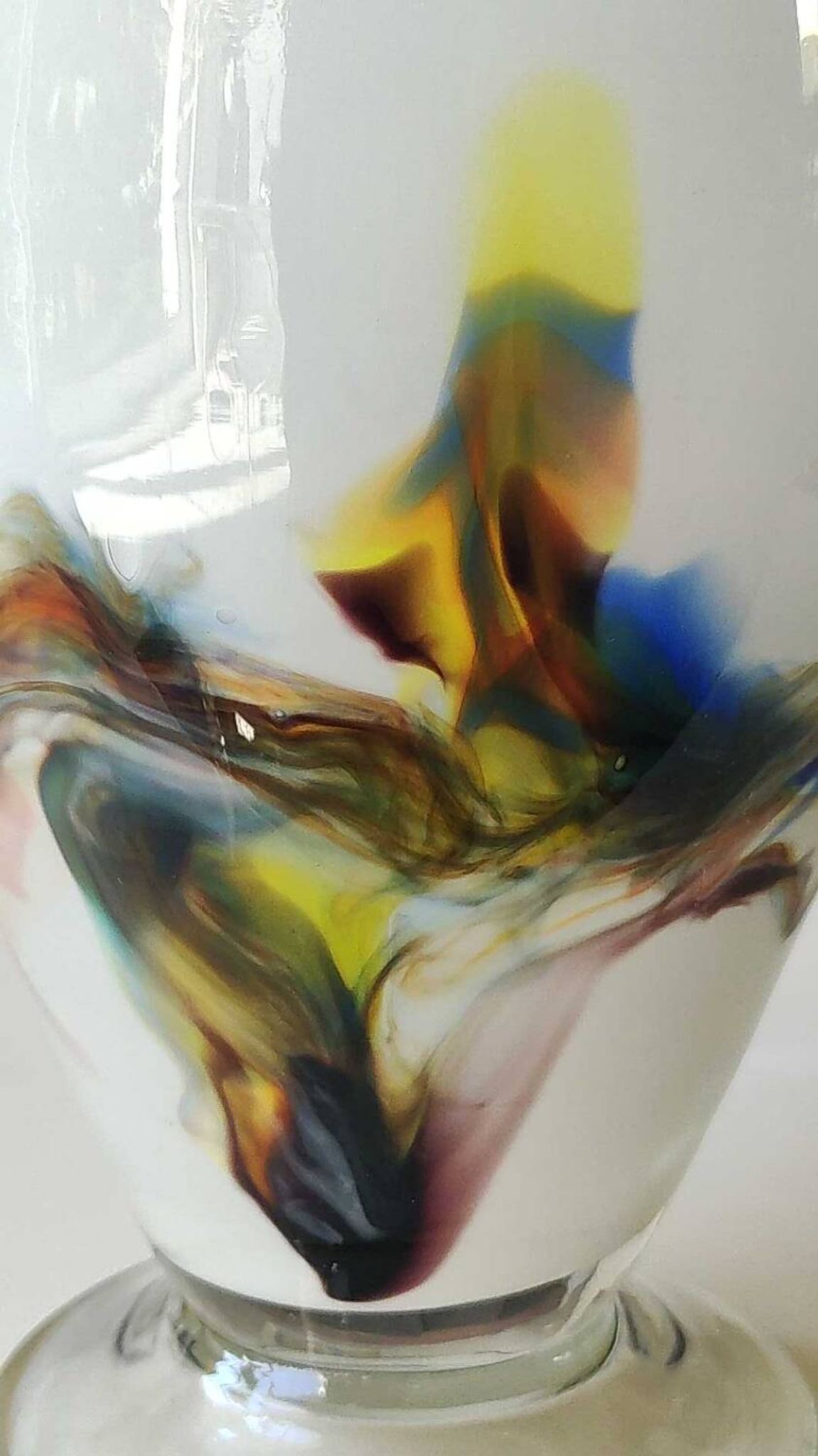 Flamed vase/volutes in white opaline/polychrome Art Glass. Murano style. High 23.5 cm