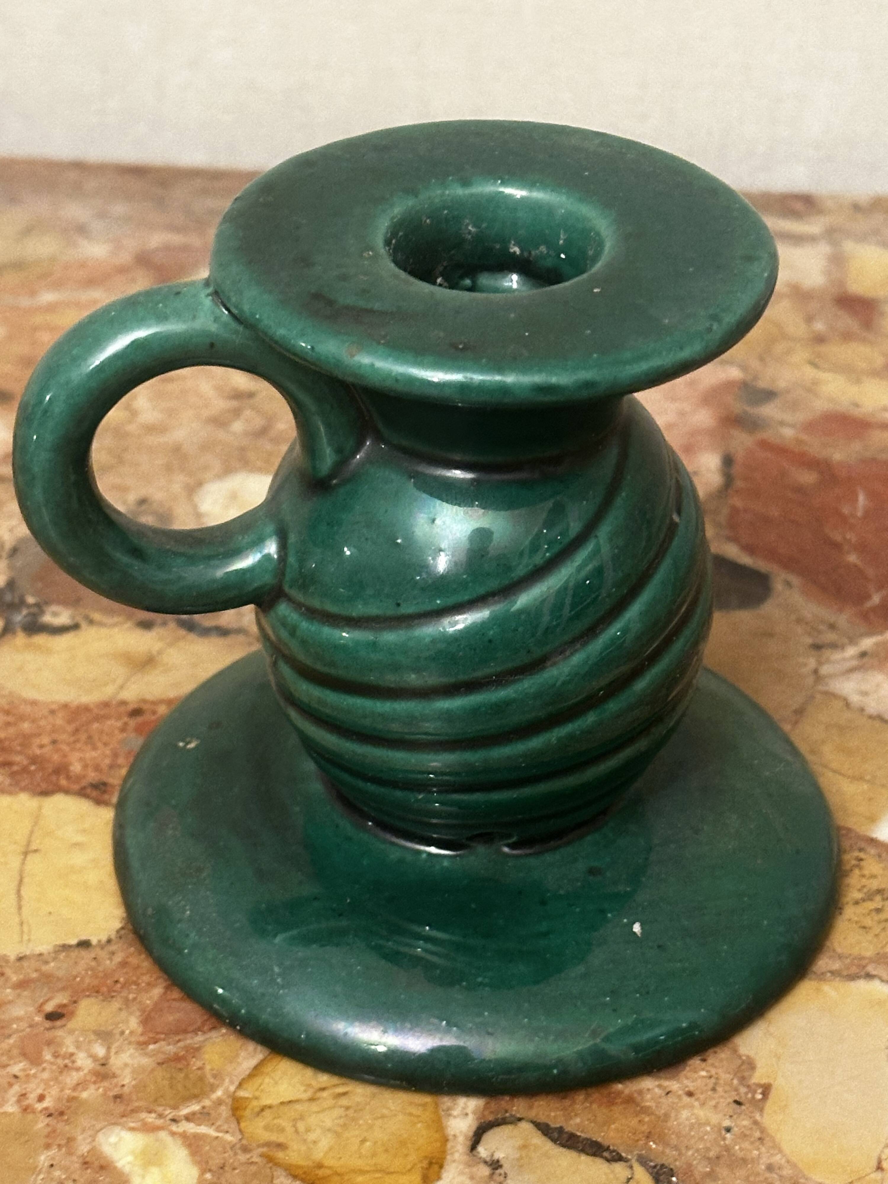 Saint-Clément green ceramic candlestick, 1950s