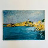 Tableau ancien ville en bord de mer