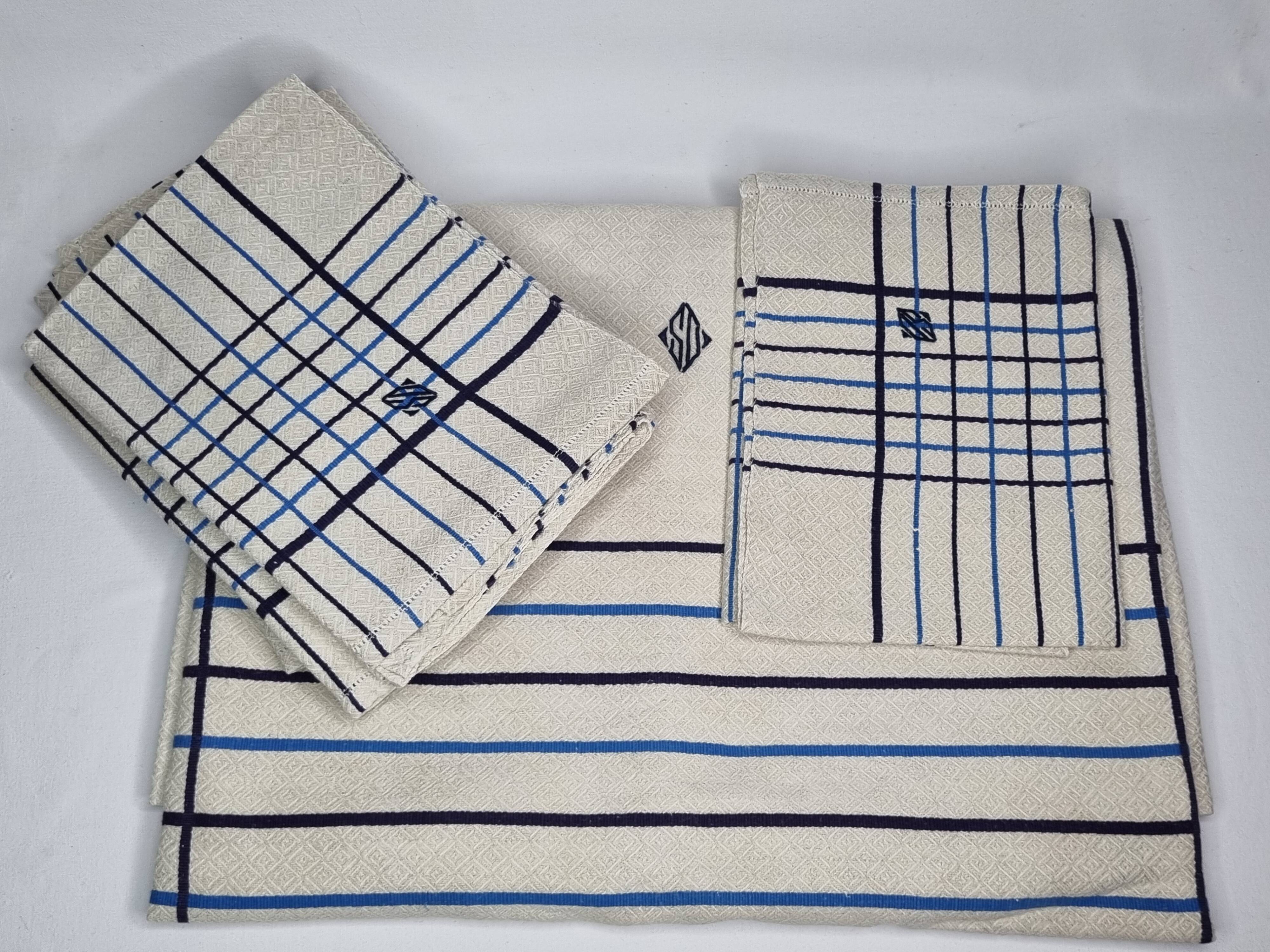 Vintage Table Set Damask Tablecloth and 8 Matching Embroidered Napkins, Blue and White Patterns