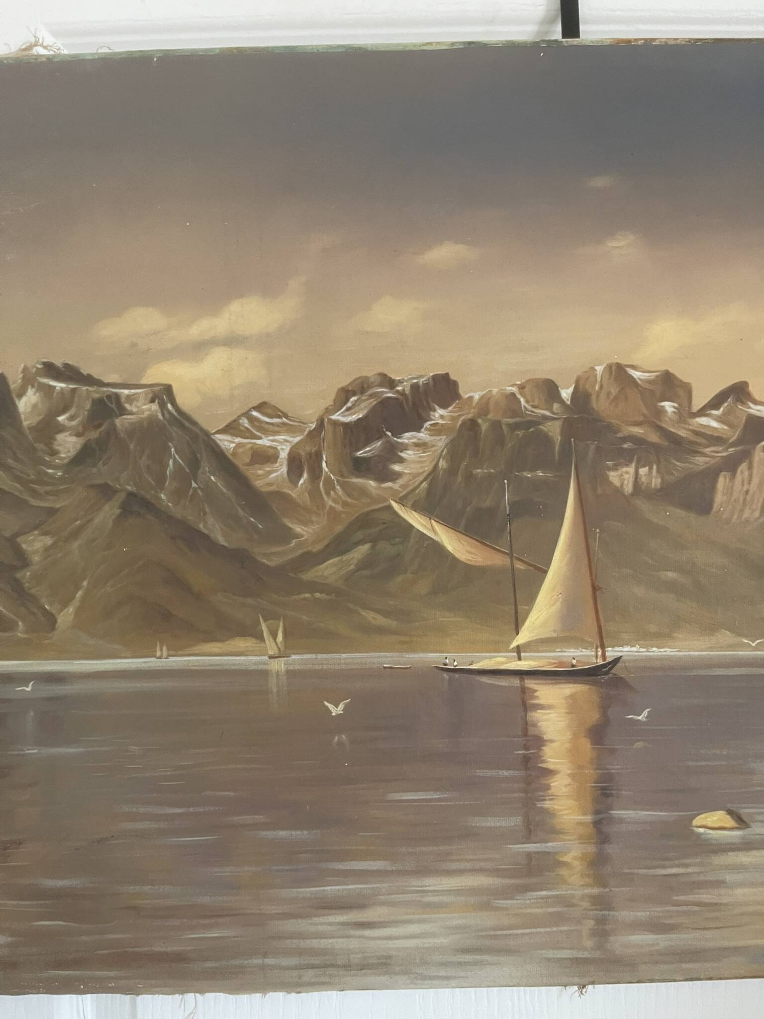 Tableau Peinture Huile Toile Paysage Montagne Lac Suisse Signé Veillon