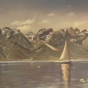 Oil Painting Canvas Landscape Mountain Lake Switzerland Signed Veillon