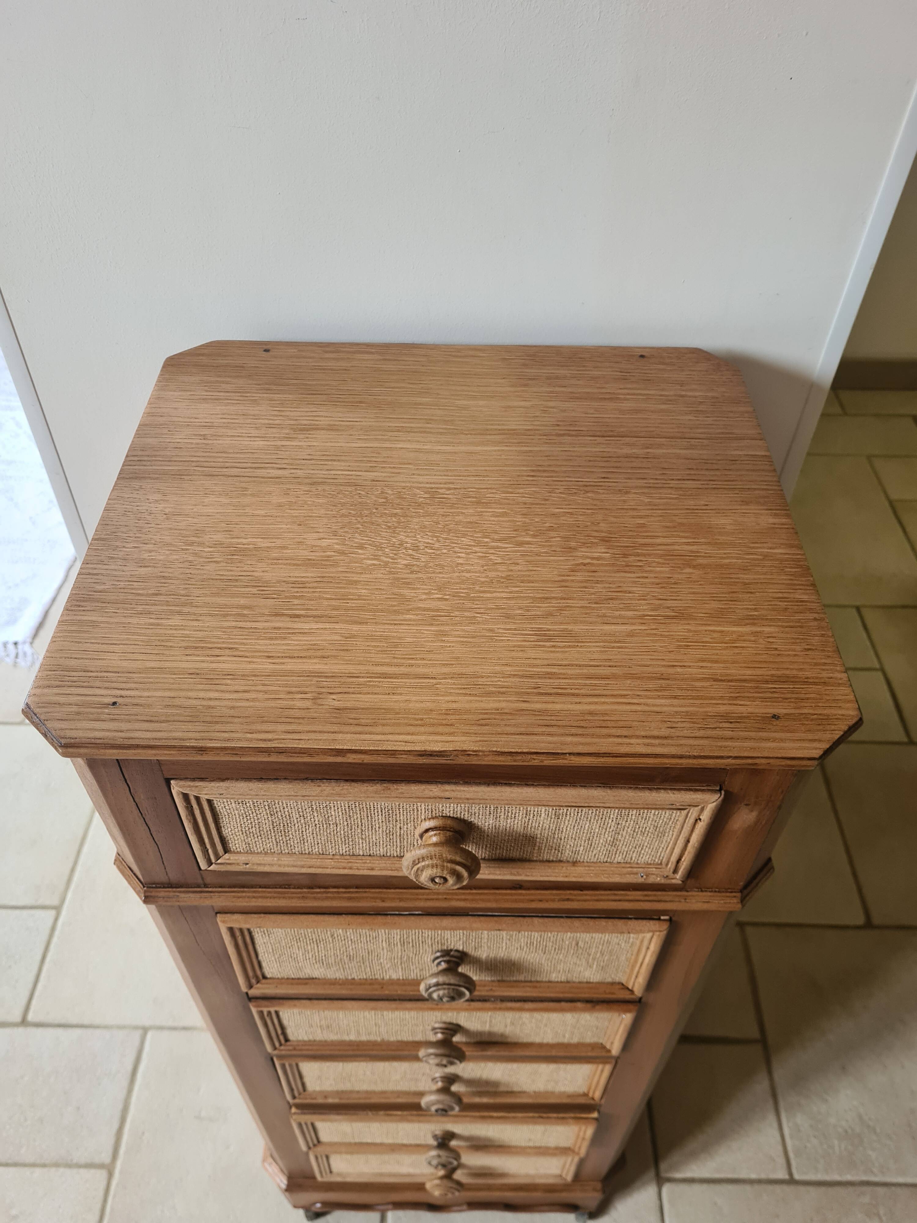 Nightstand in walnut and jute fabric, 1900