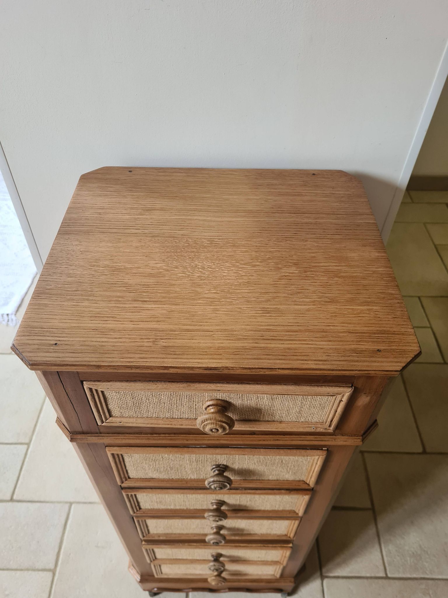 Nightstand in walnut and jute fabric, 1900