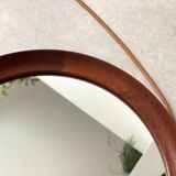 Mid Century solid teak wall mirror with a leather strap - Danish design