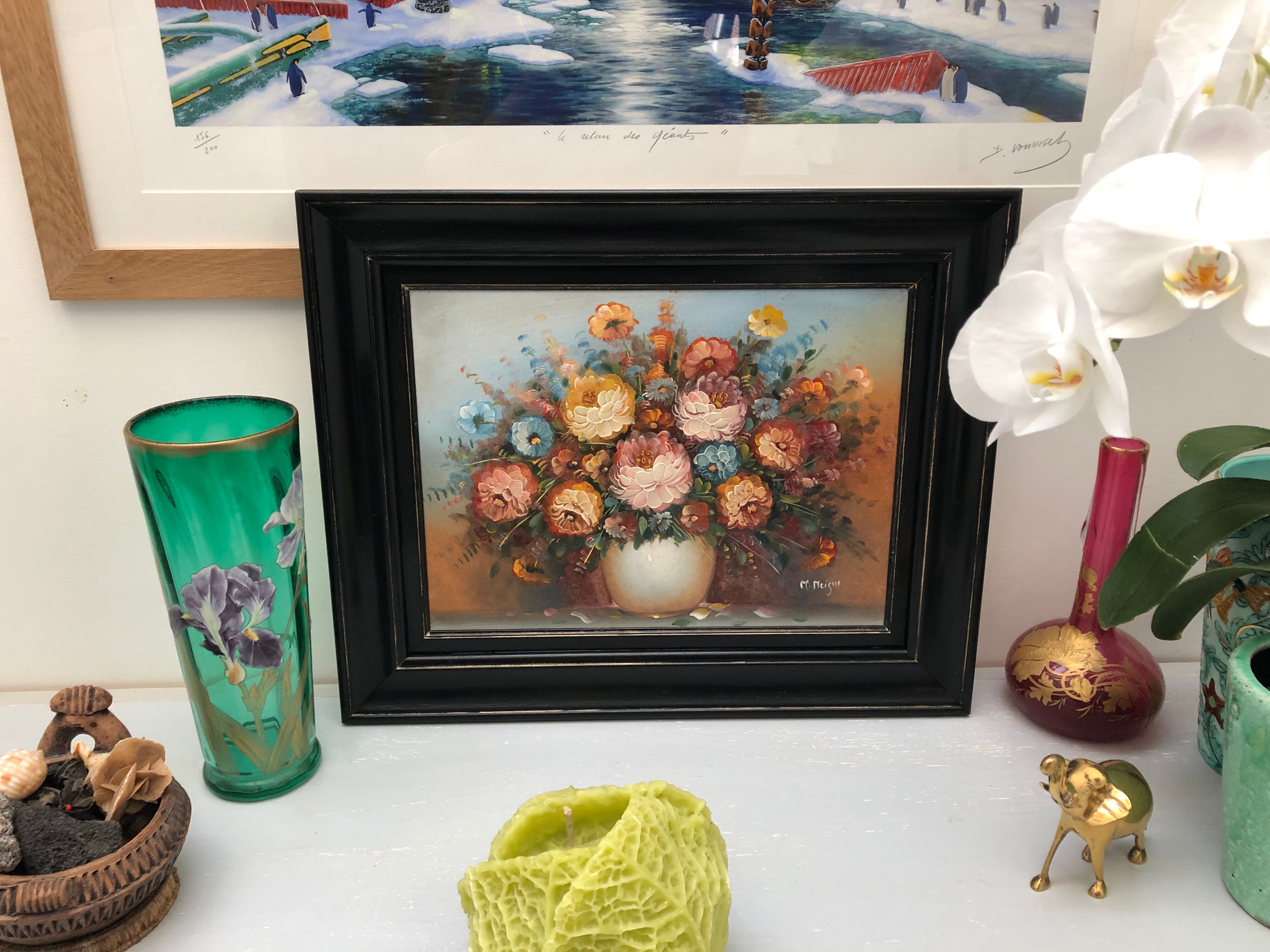 Tableau, peinture à l'huile, nature morte, bouquet de fleurs, signé "M.Meigne"