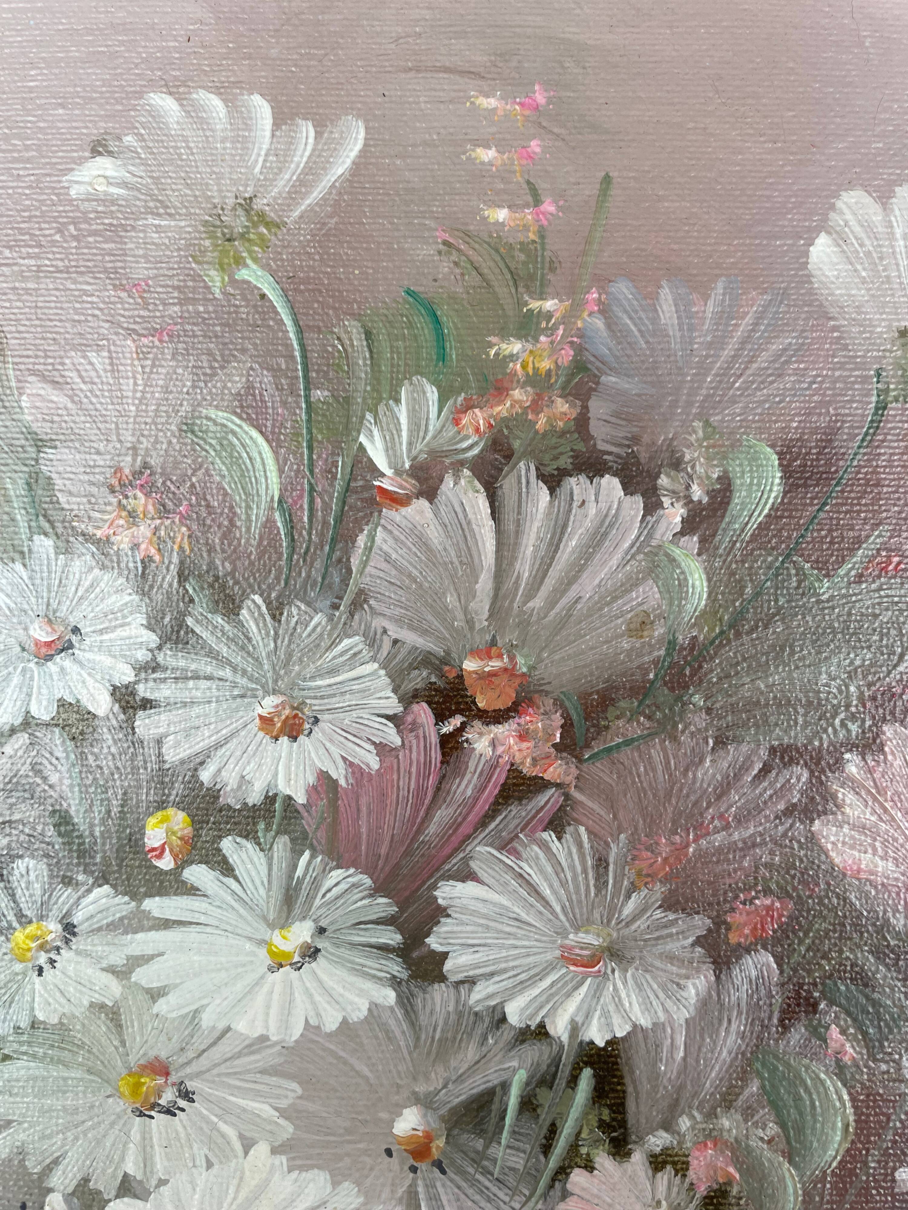 Oil painting still life daisies signed Nancy Lee