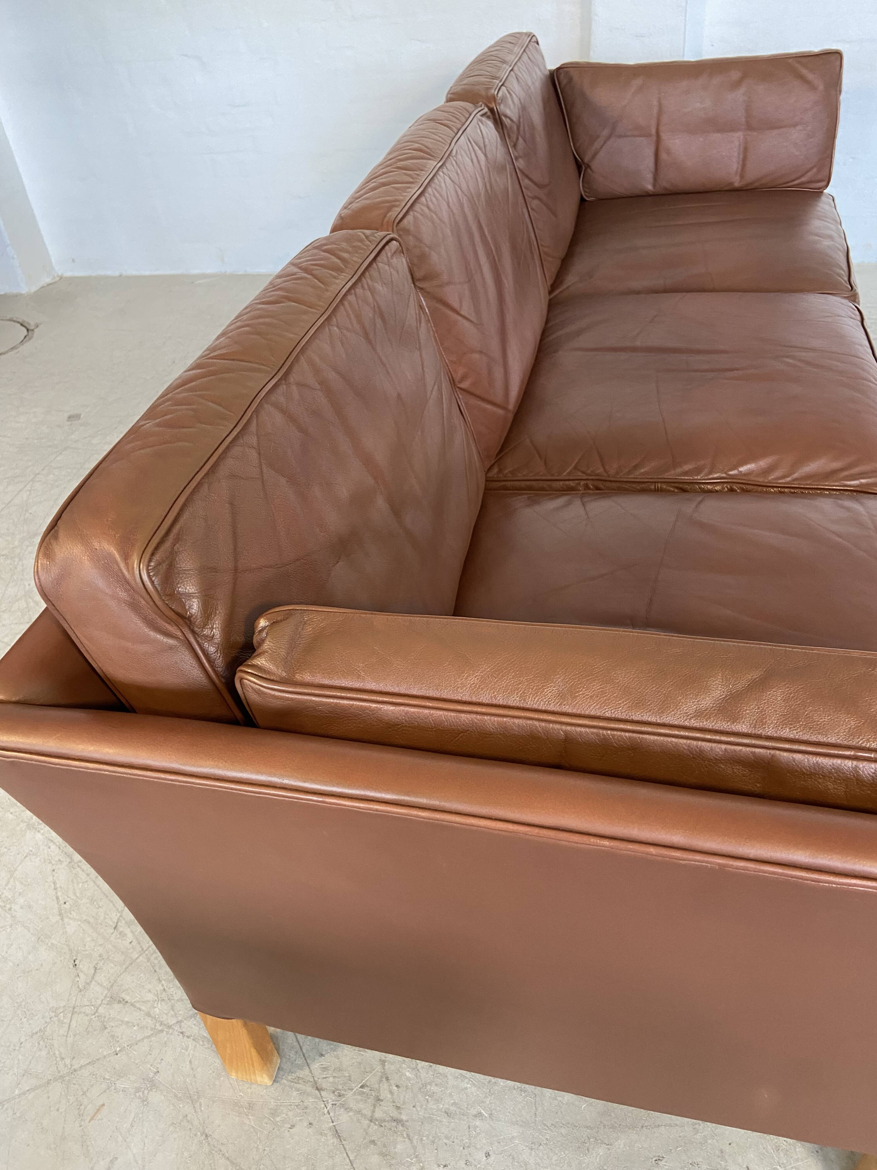 Vintage danish mid century mogens hansen 3 person cognac leather sofa 1960,s