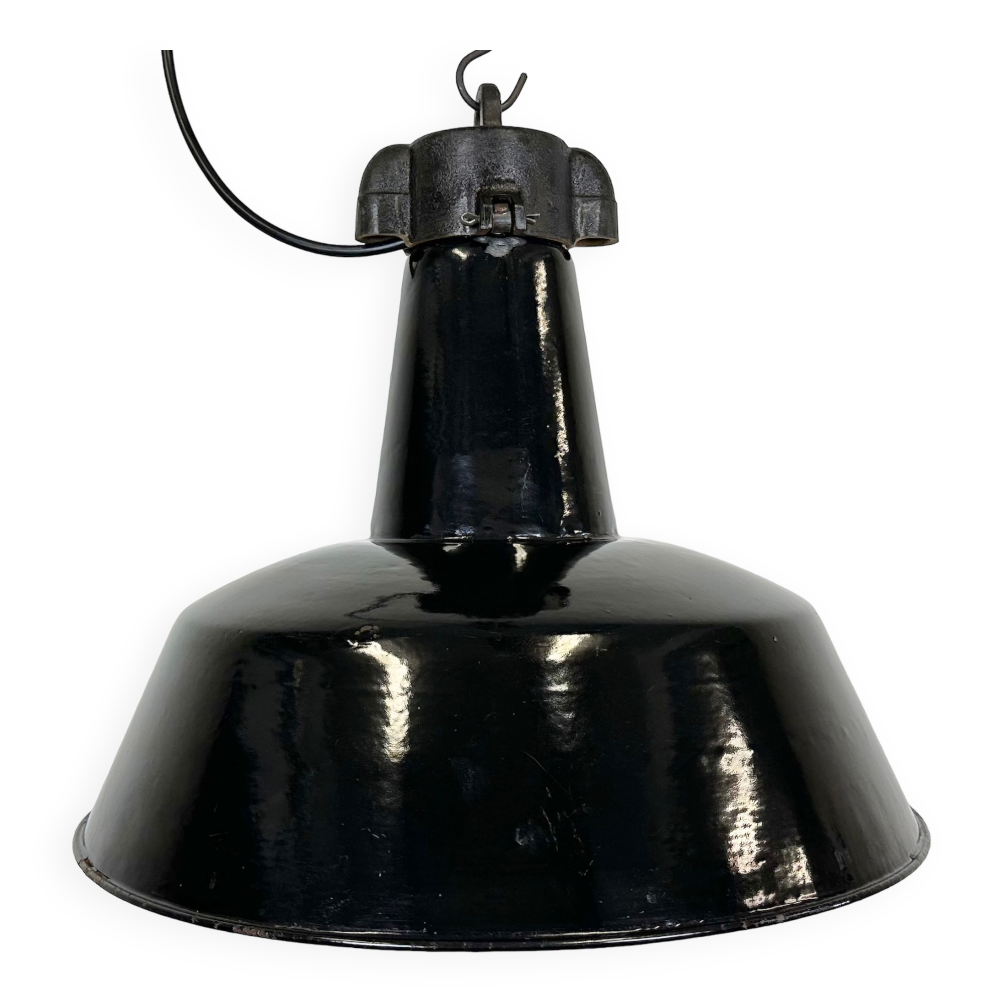 Industrial Black Enamel Factory Lamp with Cast Iron Top, 1950s