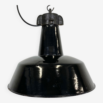 Lampe d’usine industrielle en émail noir avec dessus en fonte, années 1950