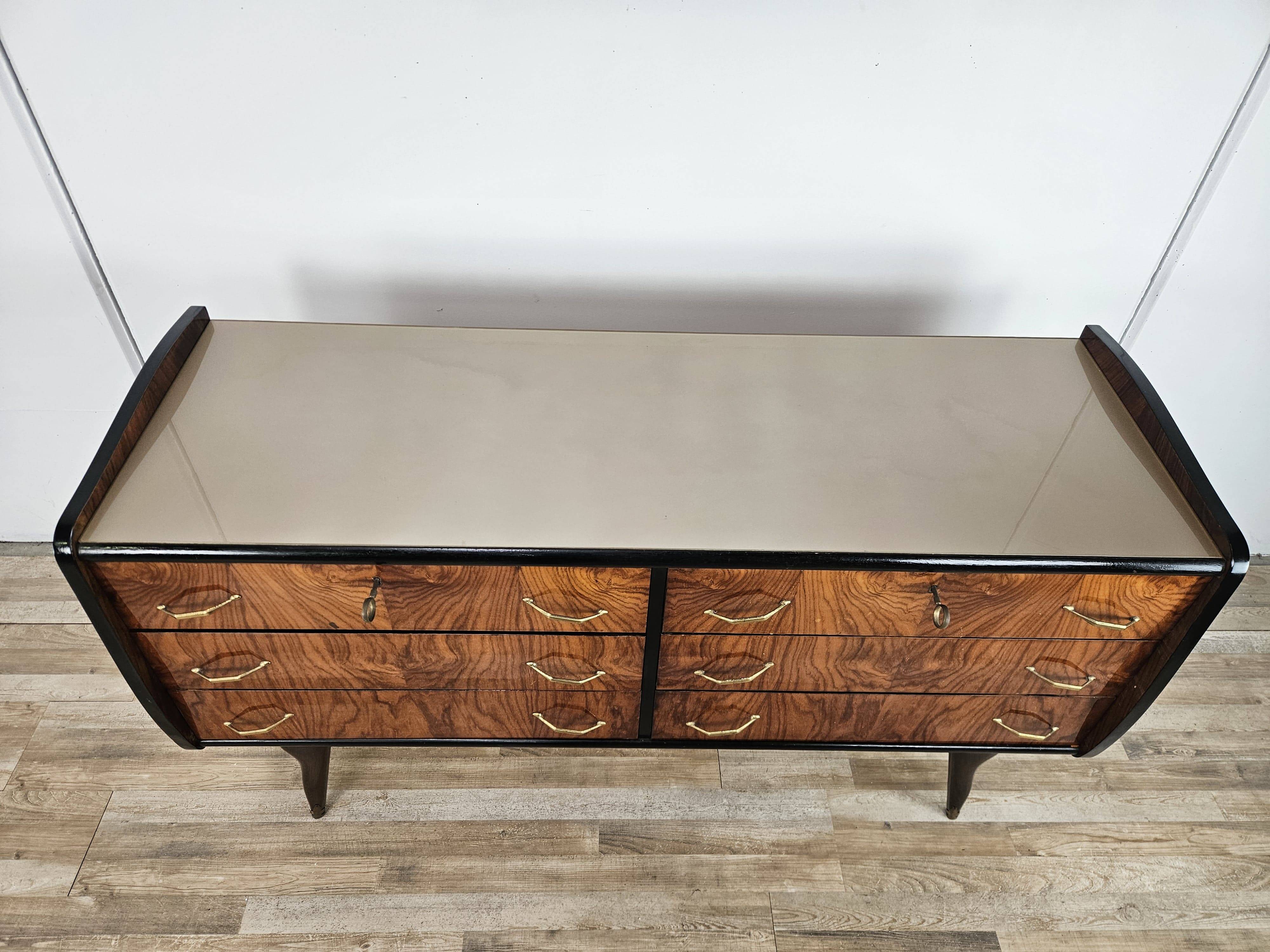 1950s six-drawer chest of drawers with glass top