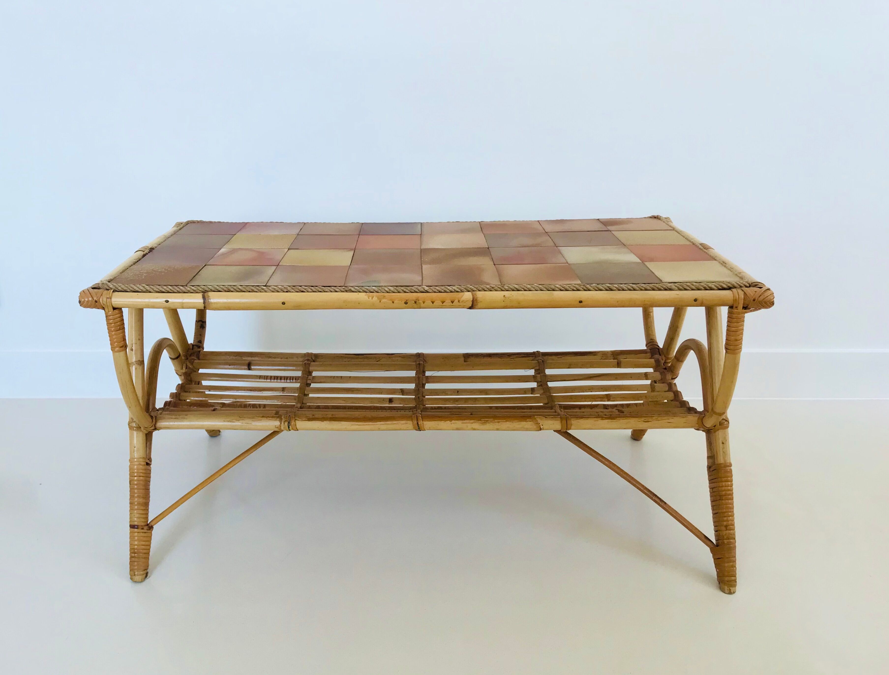Rattan coffee table and ceramic tiles, France 60s