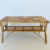 Rattan coffee table and ceramic tiles, France 60s