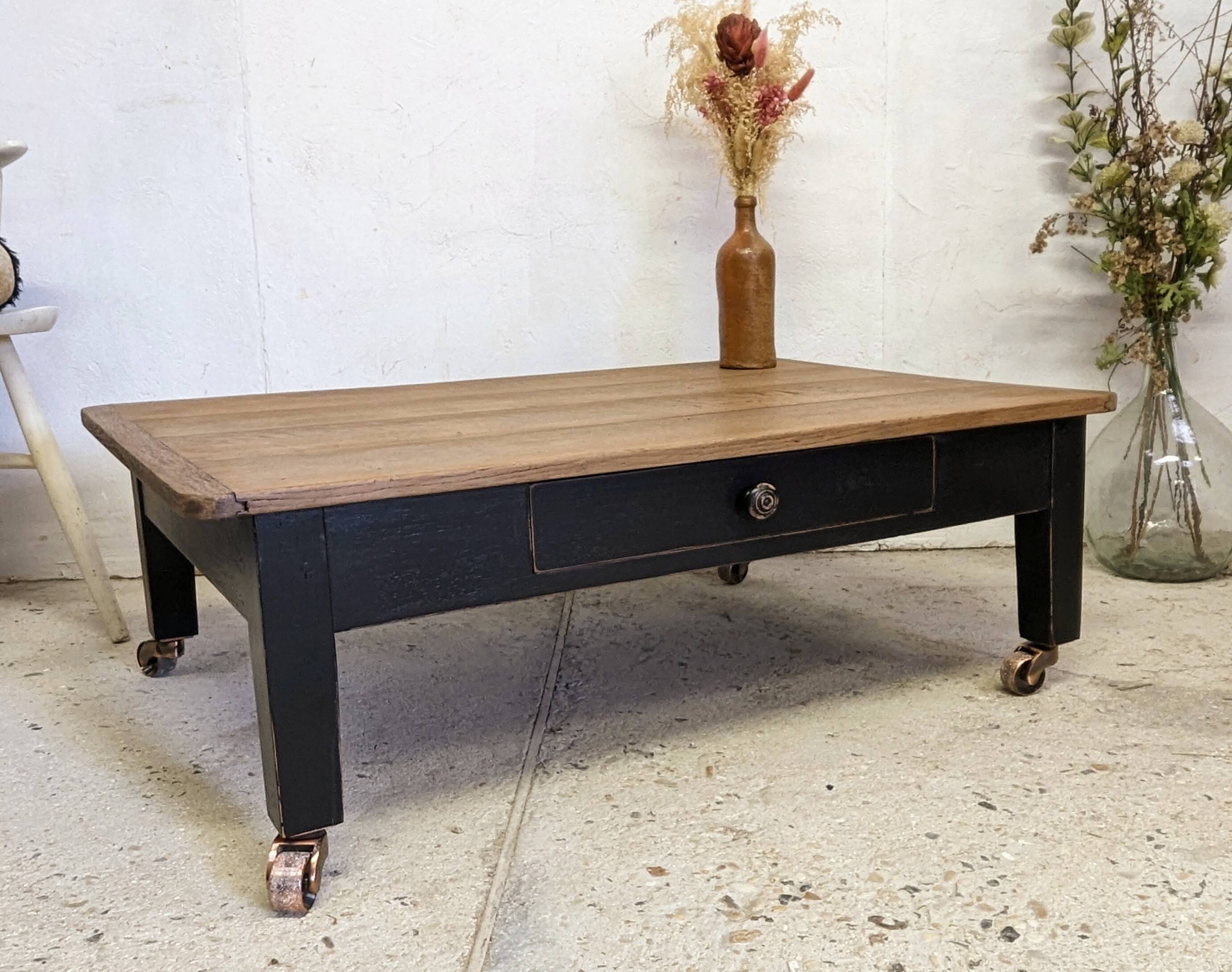 Vintage oak coffee table 50 60 black shabby patina