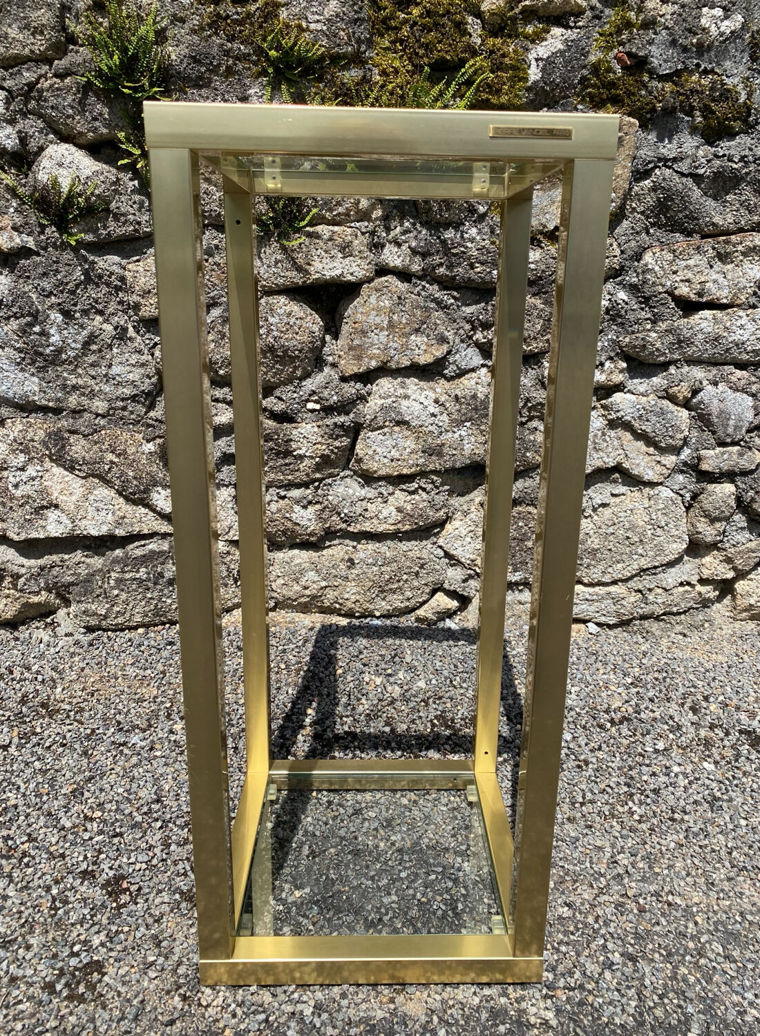 Vintage 1980s square gold metal end table/shelving by pierre vandel, 2 pieces