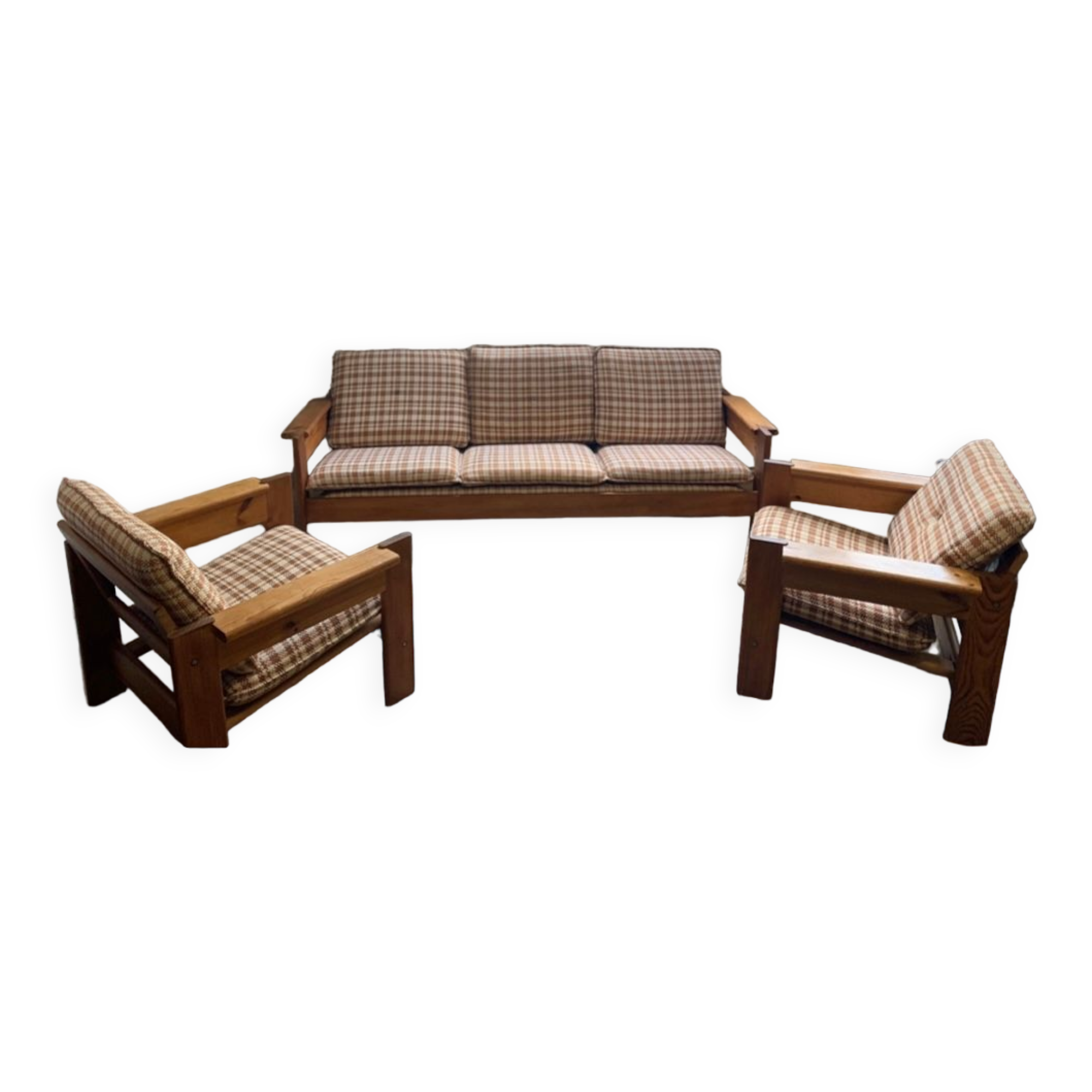 Brutalist pine sofa and armchair, france, 1960