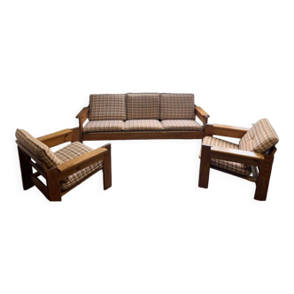 Brutalist pine sofa and armchair, france, 1960