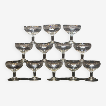 12 old champagne glasses in blown and engraved glass