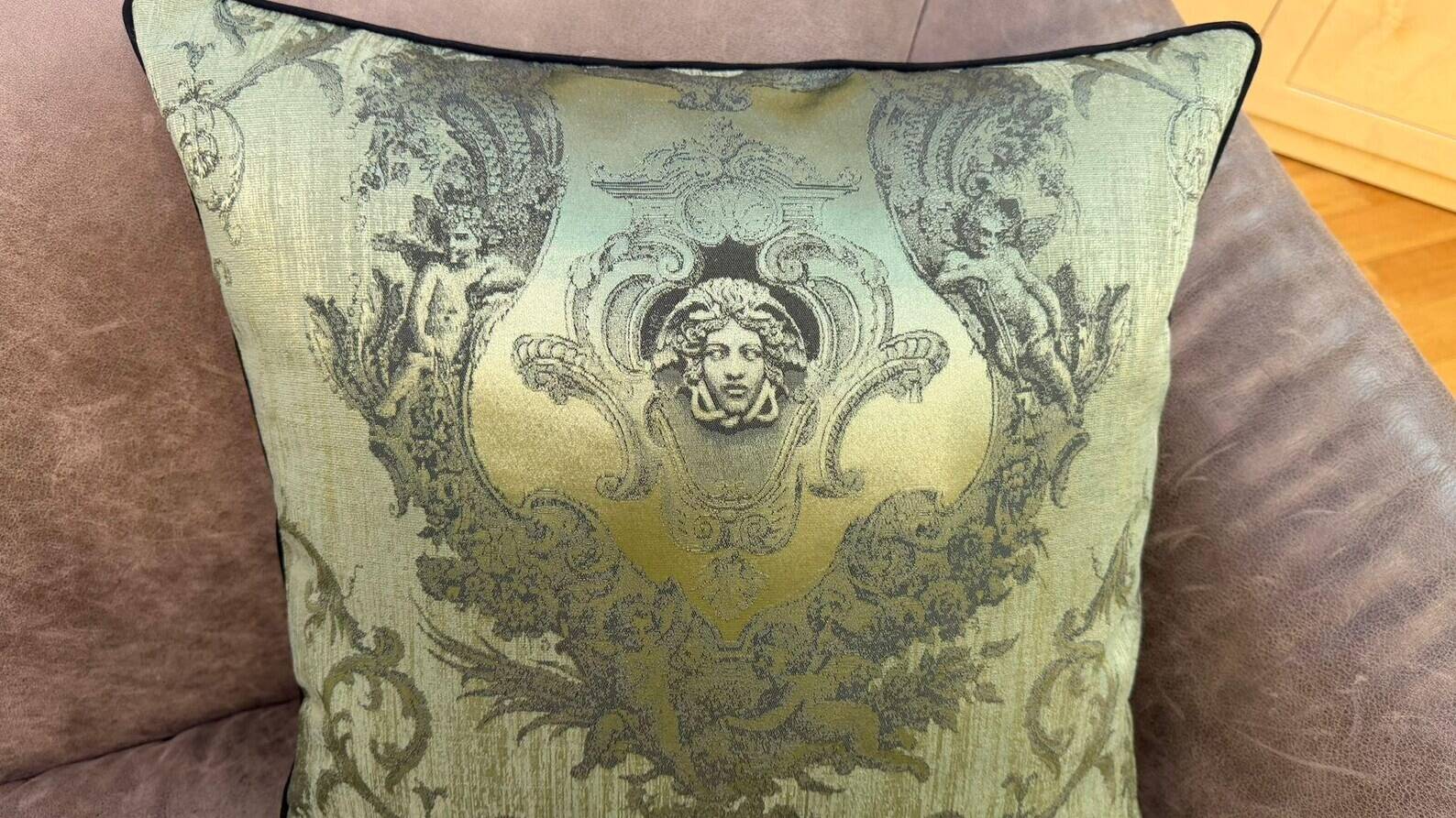 Neoclassical Medusa Medallion Cushion, Black Piped Jacquard Pillow Cover