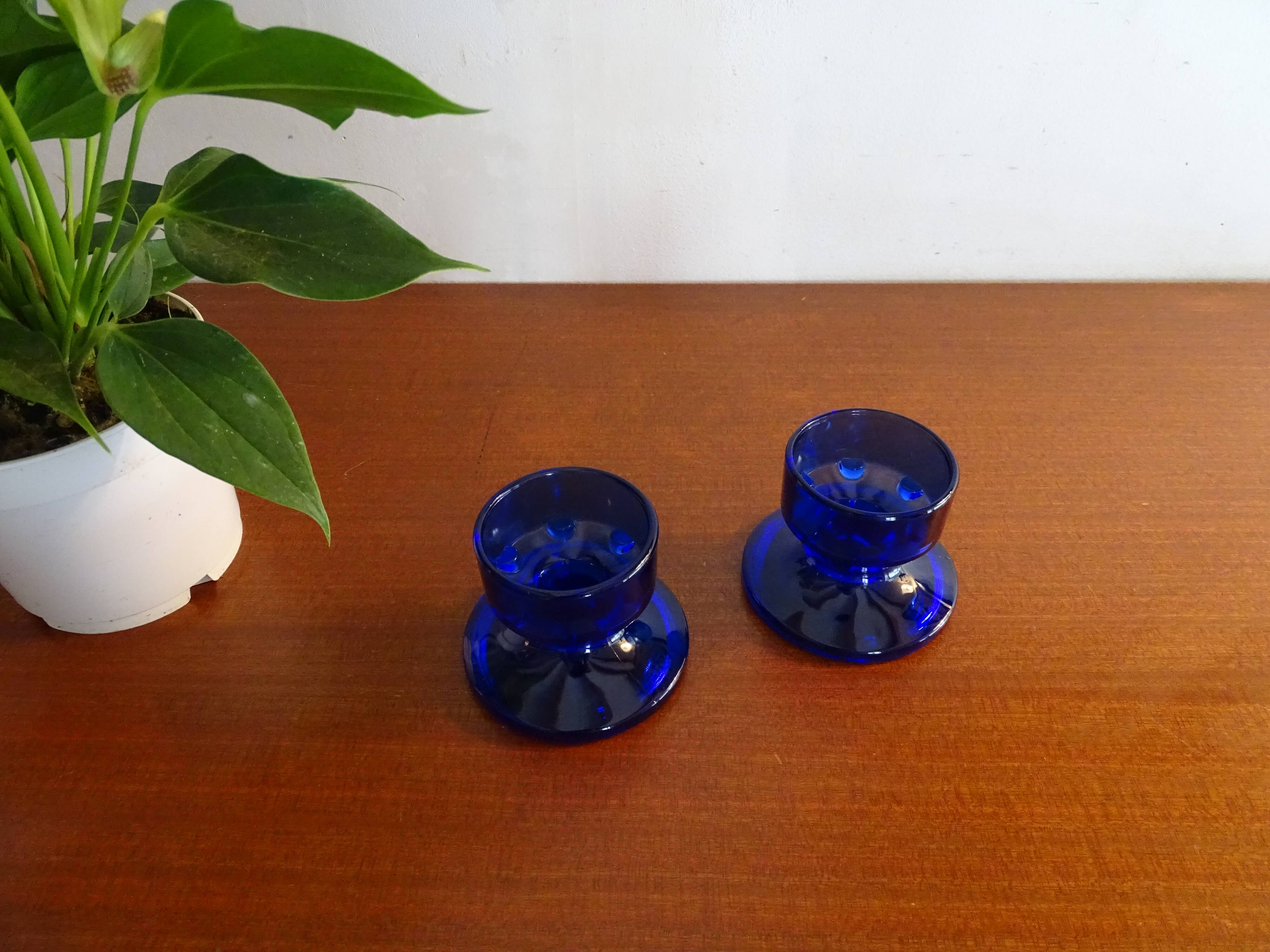 Pair of cobalt blue molded glass candle holders